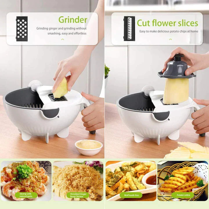 9-IN-1 MULTI-FUNCTIONAL VEGETABLE CUTTER WITH ROTATE DRAINING BASKET